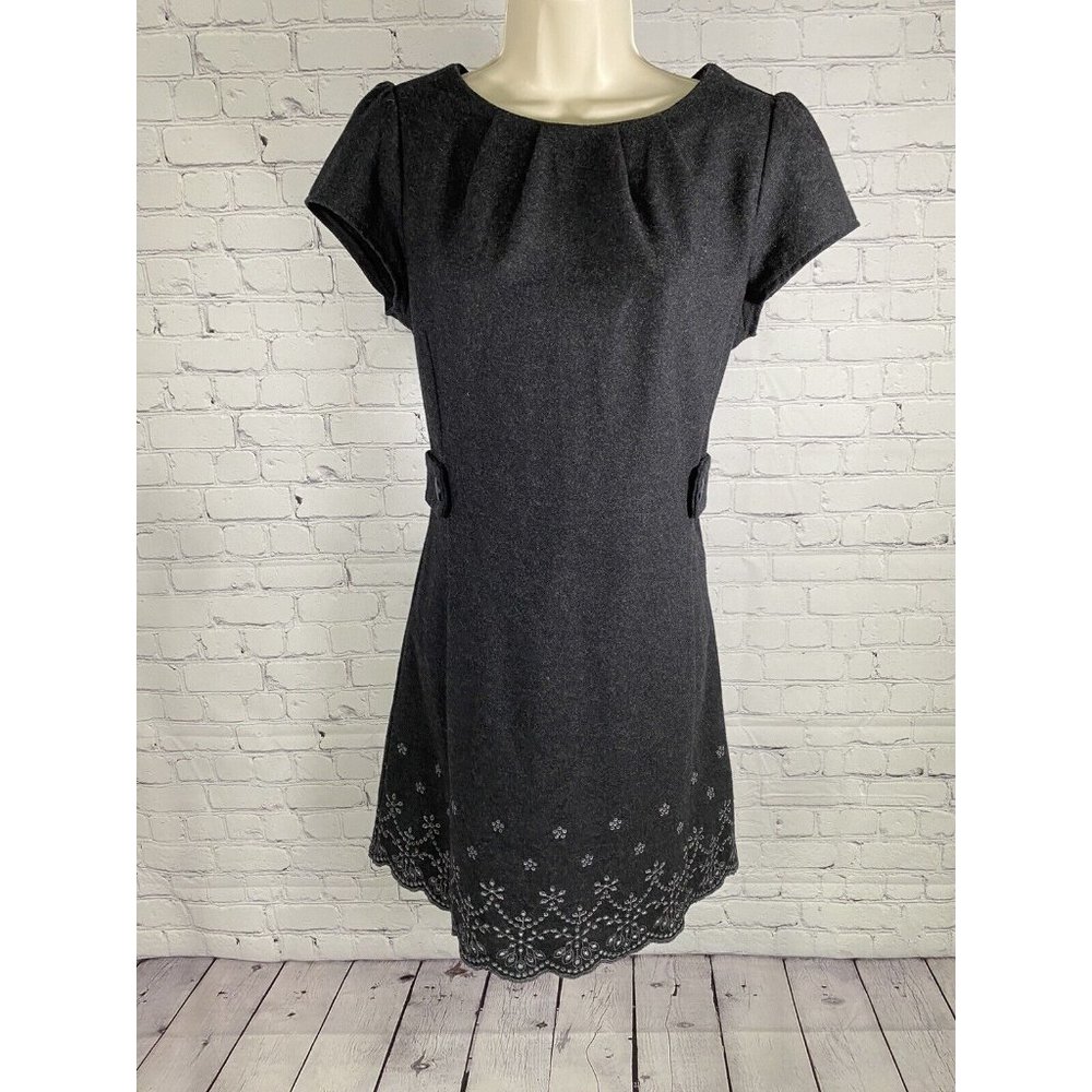 Wish Charcoal Gray Wool Blend Back Zip Embroidered Cap Sleeve A Line Dress L